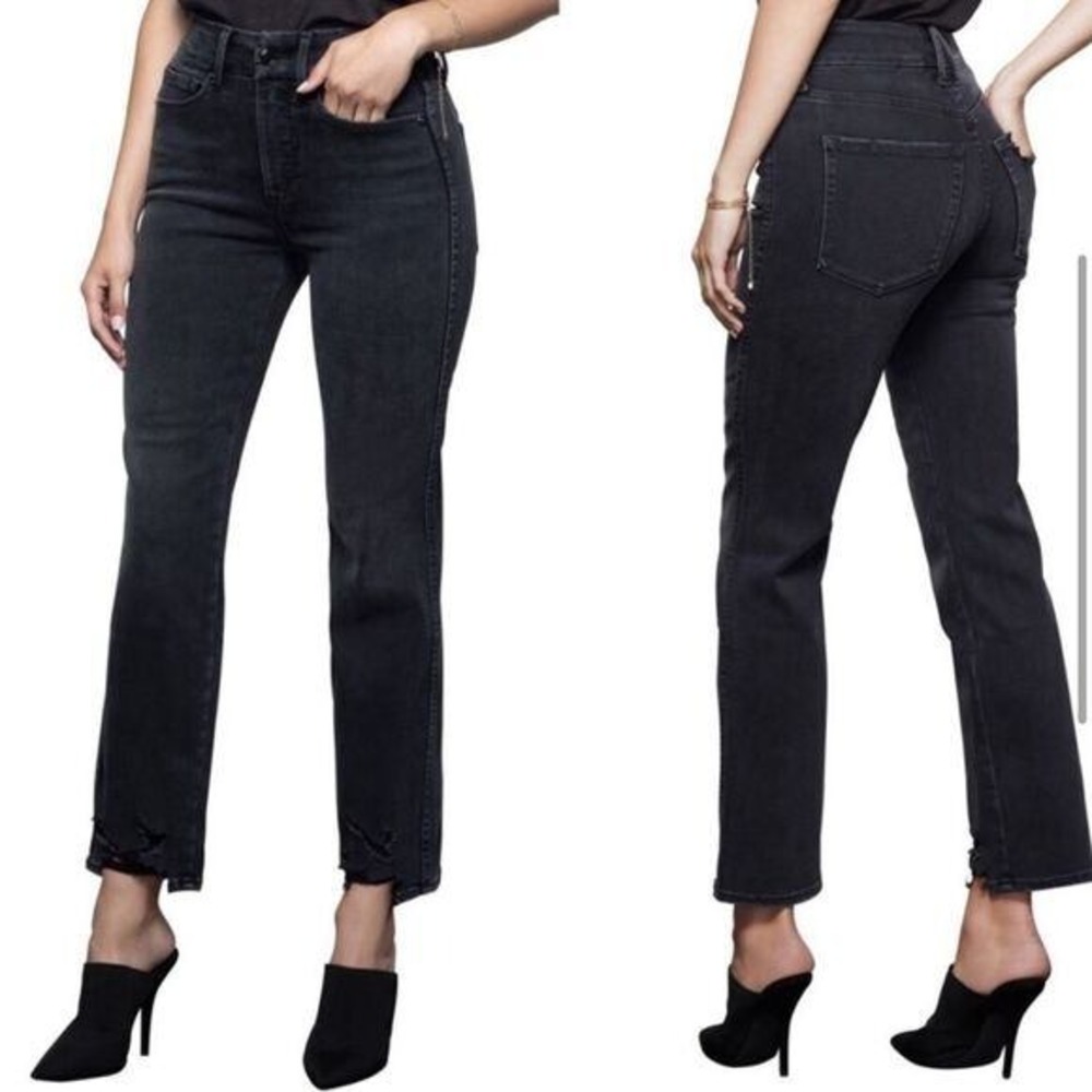 GOOD AMERICAN Jeans Womens 31 Black60 High Rise Straight Leg Chewed Raw Hem